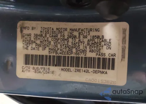 2013 Toyota Corolla Le from USA, damaged, VIN 5YFBU4EE8DP166772